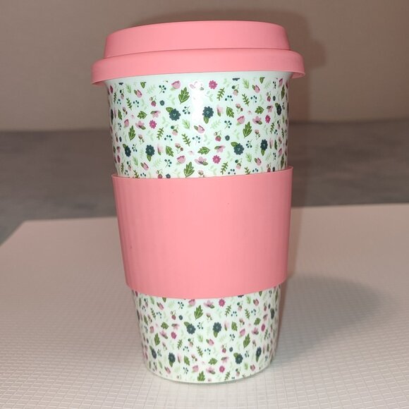 Granny Chic Coffee Mug Ceramic Floral Pink Silicone Lid Heat Thermo Jacket - Picture 1 of 9